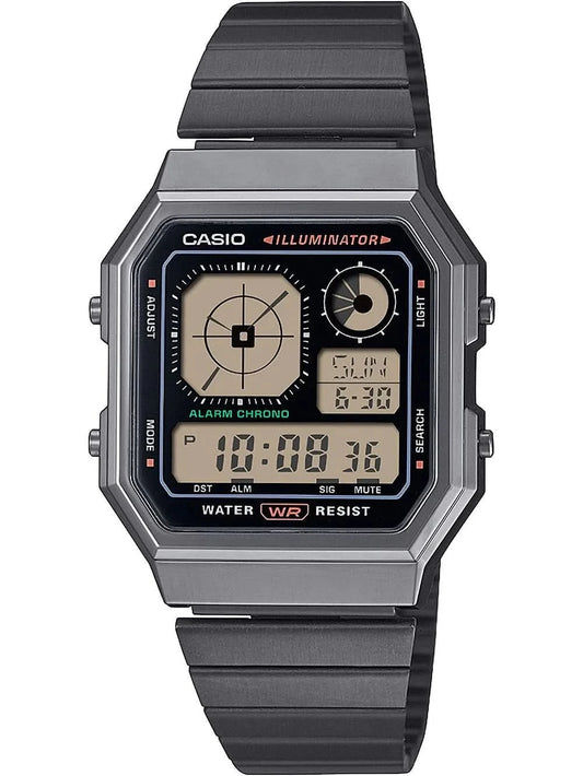 Zegarek Casio Vintage z ośmiokątną kopertą w kolorze gunmetal, czarną metalową bransoletą i wyświetlaczem cyfrowym.