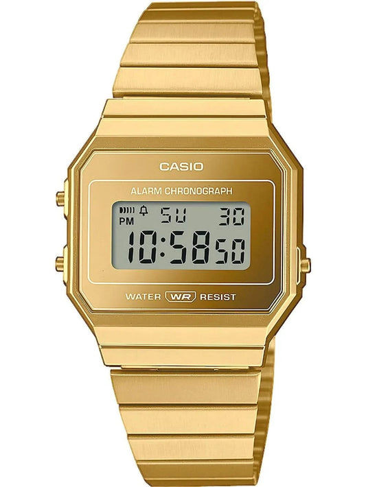 Zegarek Casio Vintage A700WEVG-9AEF, złota bransoleta z metalu i wyświetlacz cyfrowy