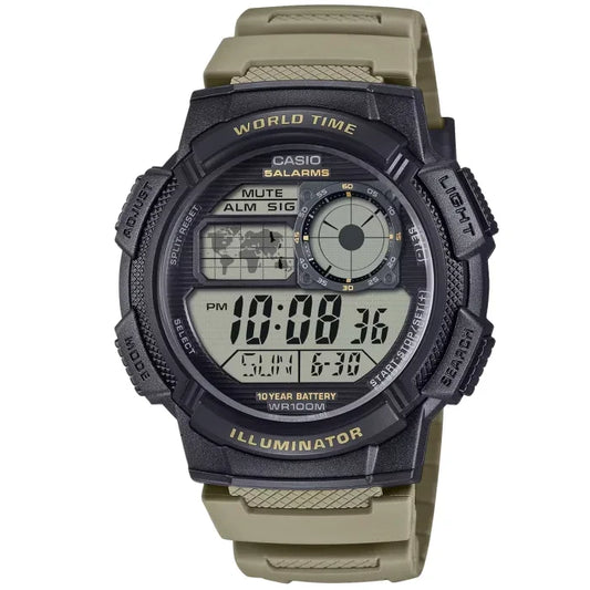 Zegarek cyfrowy Casio z czarną kopertą, beżowym paskiem i wyświetlaczem LED