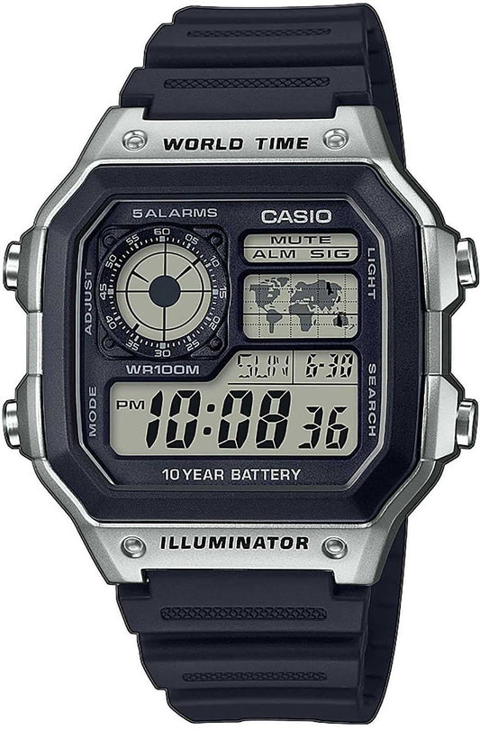Zegarek męski Casio z ciemnym paskiem, srebrną kopertą i cyfrowym wyświetlaczem czasu światowego
