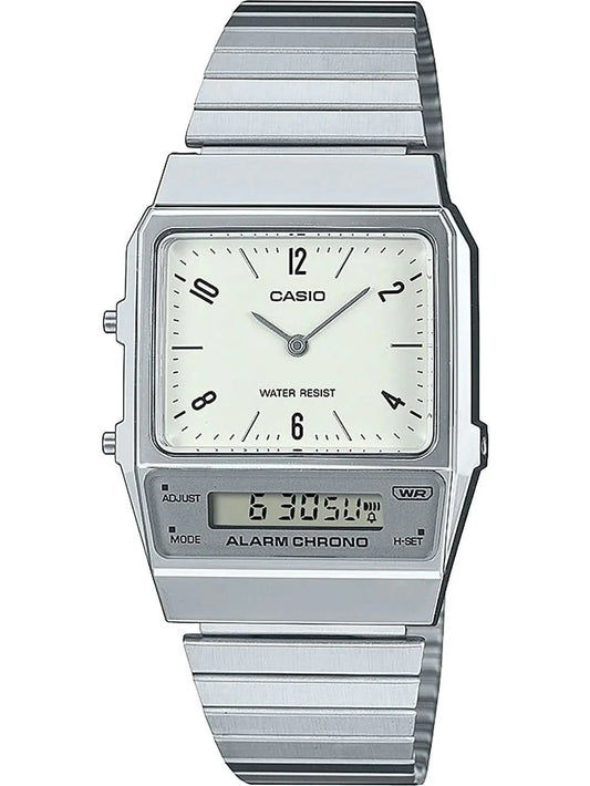 Zegarek Casio Vintage z prostokątną srebrną metalową bransoletą, białą tarczą i wyświetlaczem cyfrowym