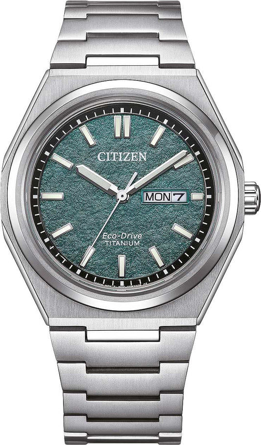 Zegarek męski Citizen z tytanu z zieloną tarczą i metalową bransoletą