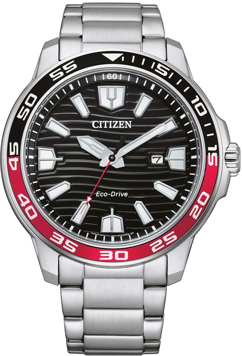 Zegarek Citizen Eco-Drive z bransoletą ze stali szlachetnej, czarną tarczą i czerwonymi akcentami