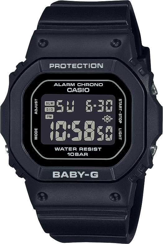 Cyfrowy zegarek damski Baby-G z czarnym wyświetlaczem LCD i czarnym paskiem z tworzywa sztucznego