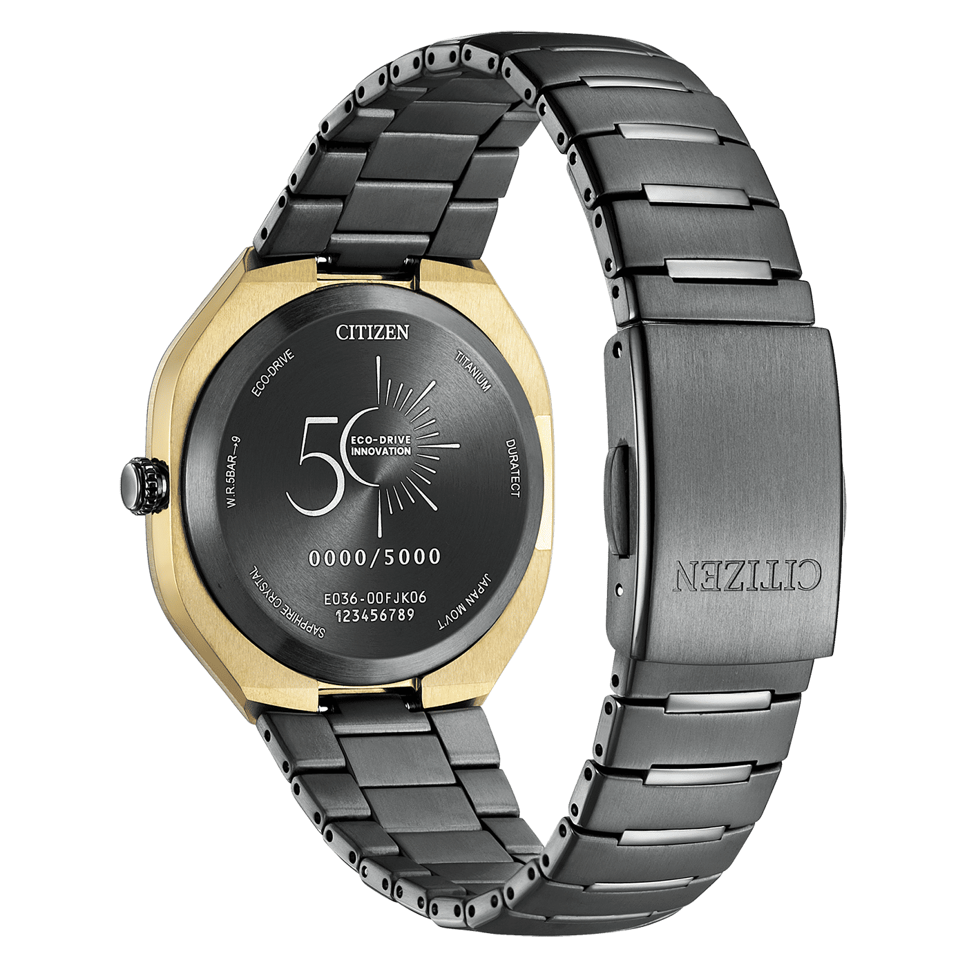 Herren-Armbanduhr Rückseite mit schwarzem Gehäuse, goldfarbener Einfassung und schwarzem Band