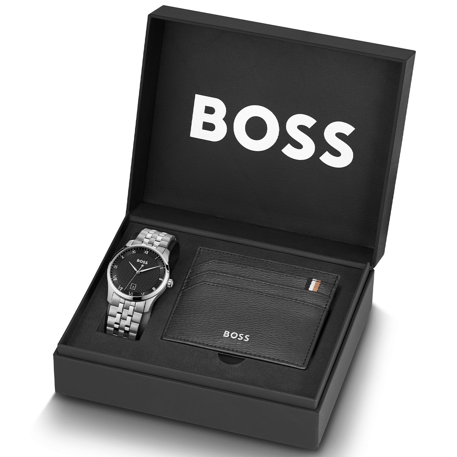 Herren-Armbanduhr mit schwarzem Zifferblatt, in schwarzer Box mit Geldbörse