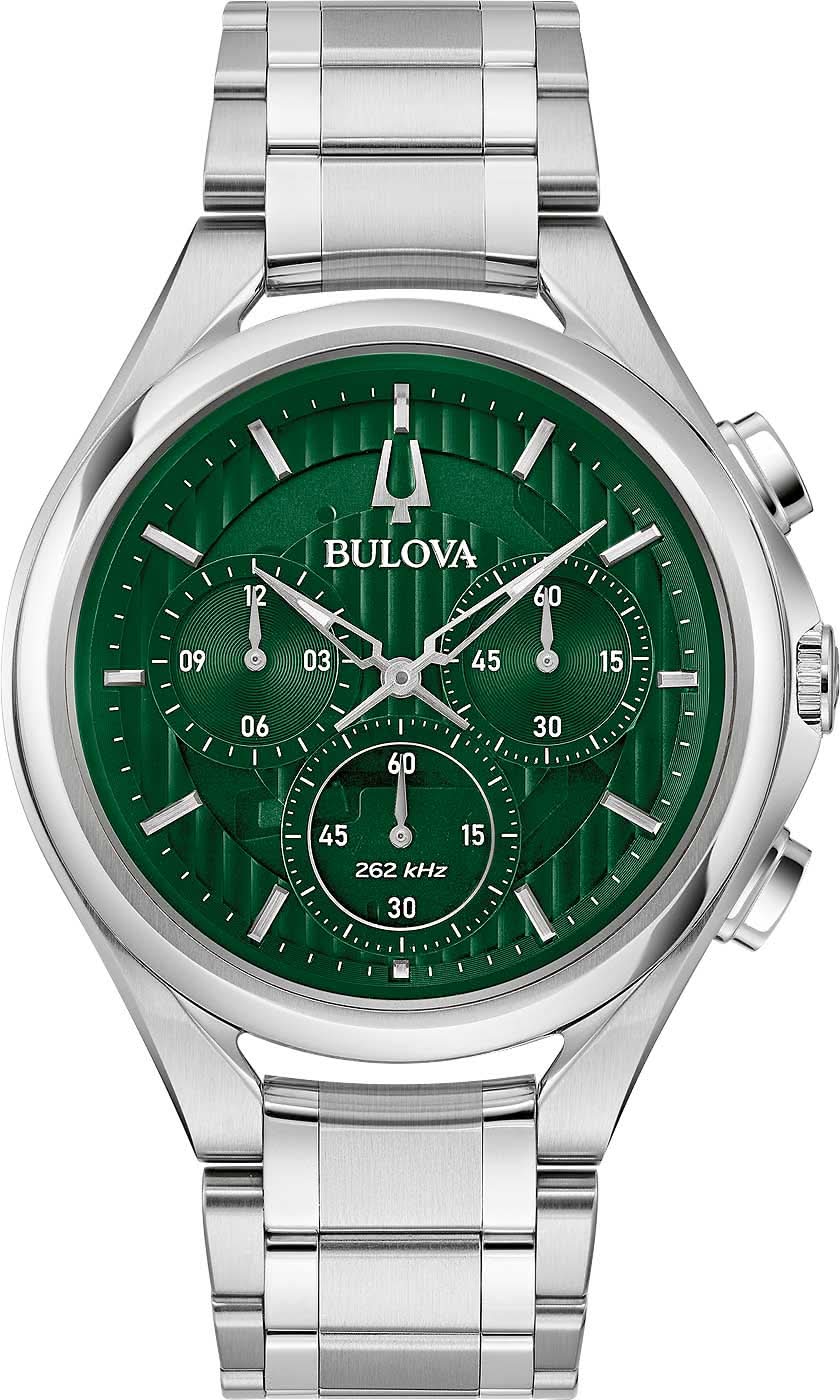 Zegarek męski Bulova Curv ze srebrną bransoletą ze stali szlachetnej, zieloną tarczą i licznikami chronografu