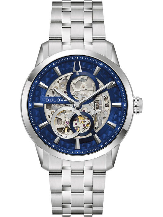 Męski zegarek automatyczny Bulova z niebieską tarczą typu skeleton i bransoletą ze stali szlachetnej
