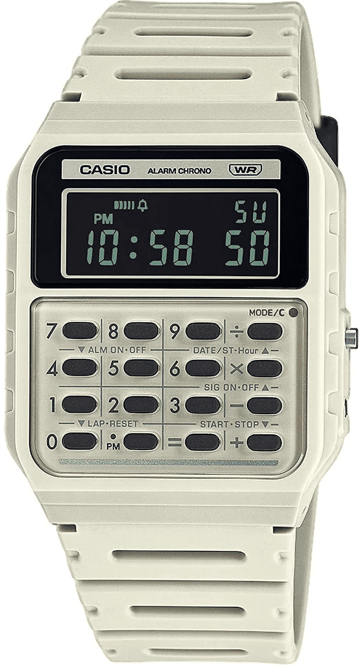 Zegarek cyfrowy Casio Vintage z beżowym paskiem z tworzywa sztucznego, wyświetlaczem LCD i przyciskami