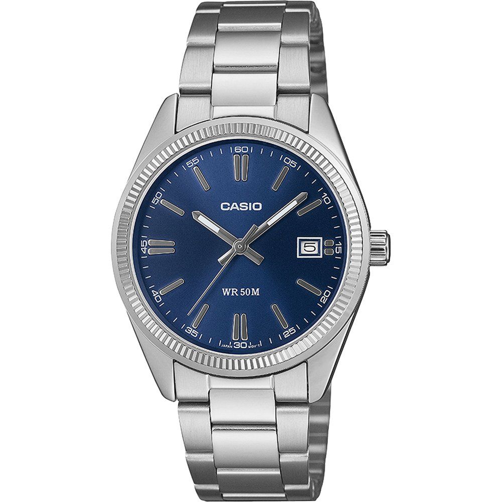 Zegarek Casio z niebieską tarczą, datownikiem, srebrną metalową bransoletą, wodoszczelność 50 m