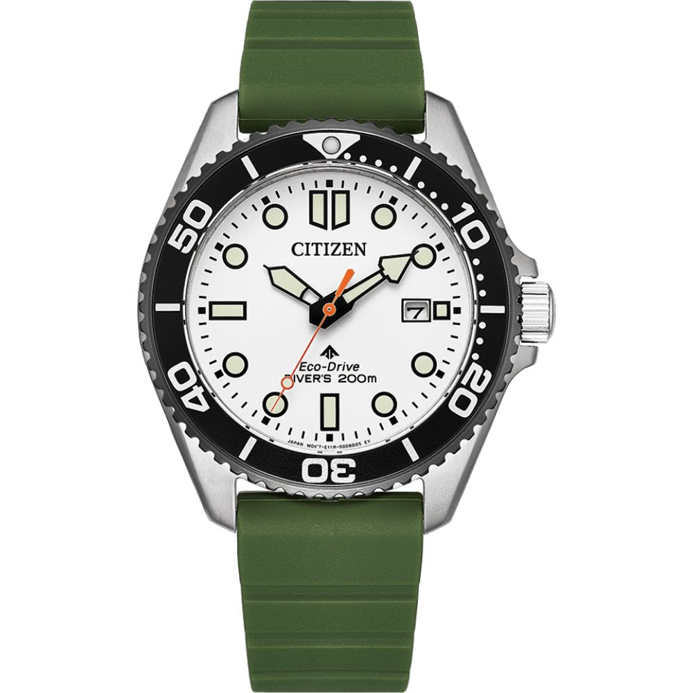 Citizen Promaster Marine Armbanduhr: weißes Zifferblatt, schwarze Lünette, grünes Silikonband.