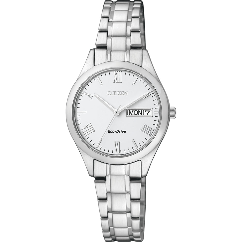 Zegarek damski Citizen Eco-Drive ze srebrną metalową bransoletą, białą tarczą i datownikiem