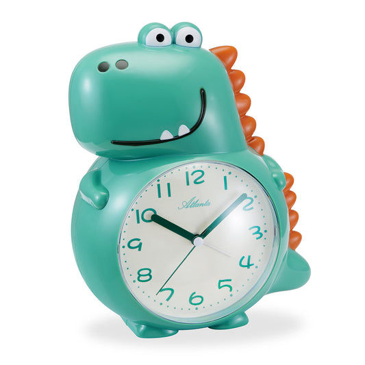 Budzik dziecięcy Dino: zielona obudowa z pomarańczowymi krawędziami, okrągła tarcza