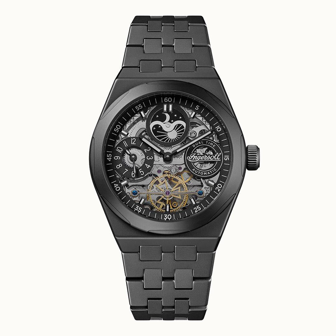 Męski zegarek na rękę z czarną ceramiczną bransoletą i automatyczną tarczą Dual-Time