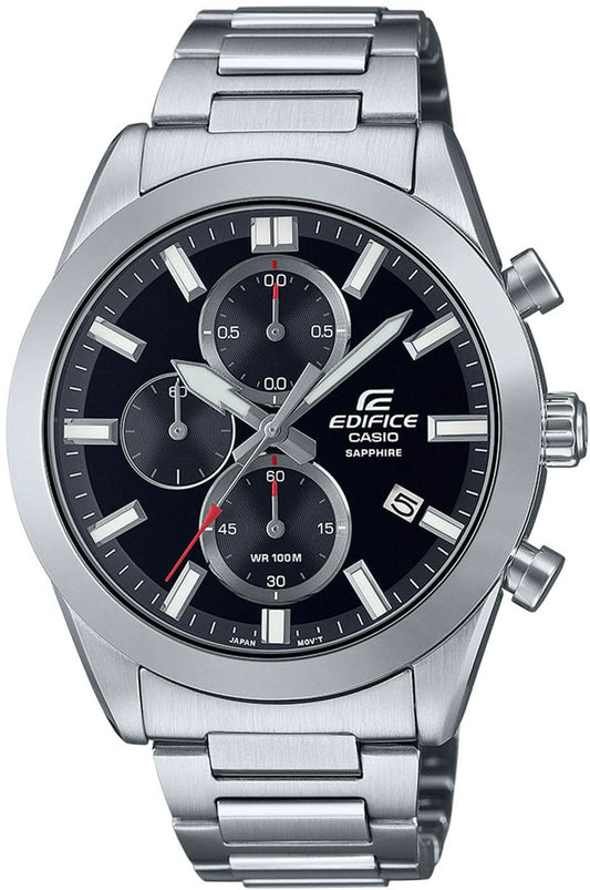 Męski zegarek chronograf Casio Edifice z bransoletą ze stali szlachetnej, ciemną tarczą i szafirowym szkłem