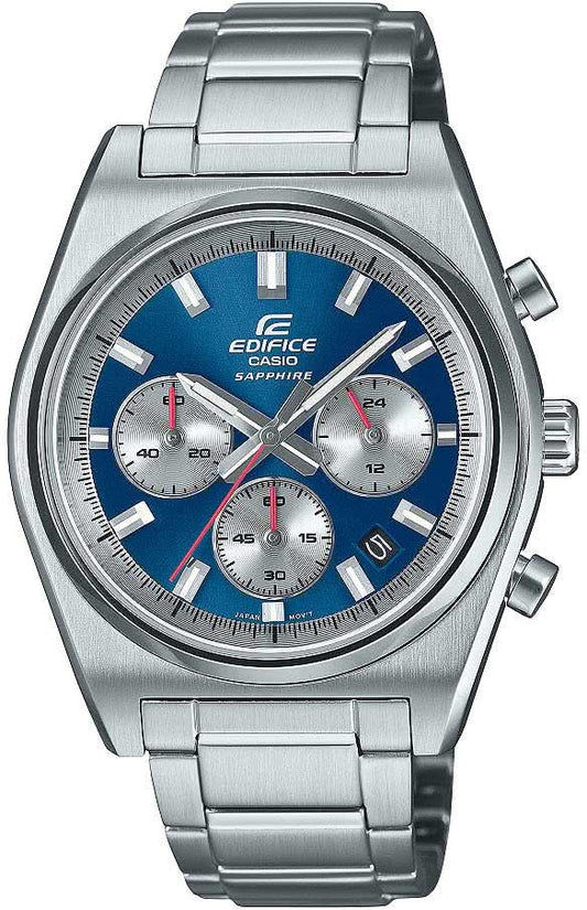 Zegarek chronograf z niebieską tarczą, trzema licznikami i srebrną kopertą ze stali szlachetnej