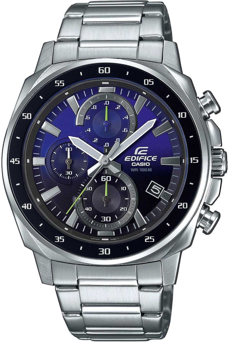 Zegarek męski Casio Edifice z niebieską tarczą, bransoletą ze stali szlachetnej i wyglądem chronografu