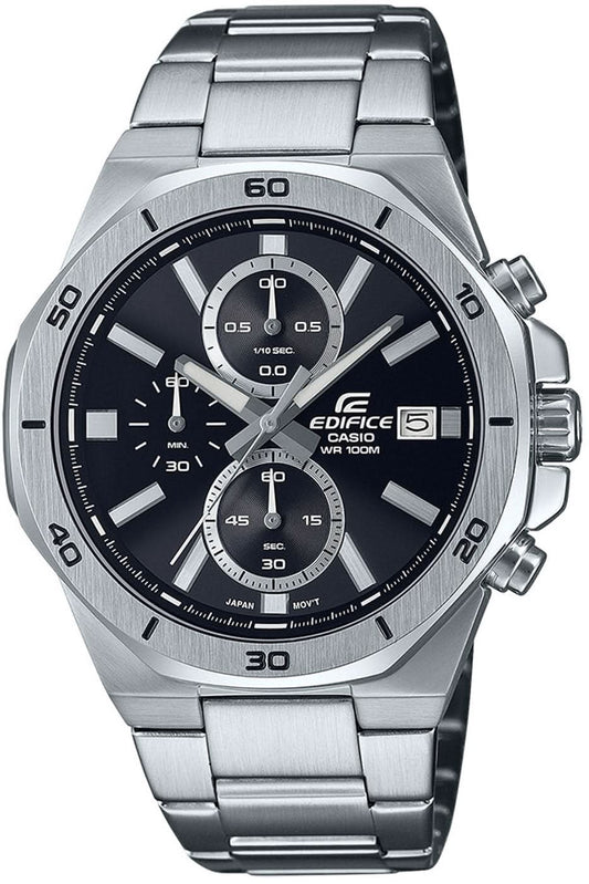 Męski zegarek sportowy typu chronograf z metalową bransoletą, czarną tarczą i datownikiem na godzinie 3