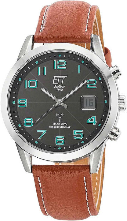 Zegarek męski: brązowy pasek skórzany, srebrna koperta, ciemna tarcza