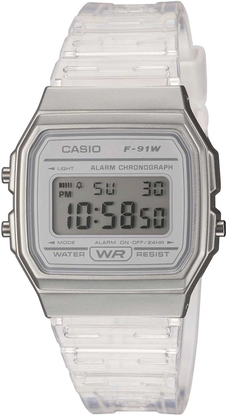 Zegarek damski Casio z cyfrowym wyświetlaczem LCD, srebrną kopertą i przezroczystym paskiem z tworzywa sztucznego.