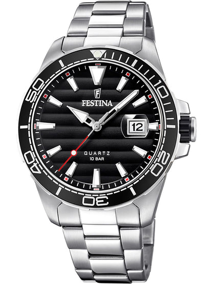 Zegarek męski Festina Prestige z czarną tarczą, stalową bransoletą i obrotowym pierścieniem