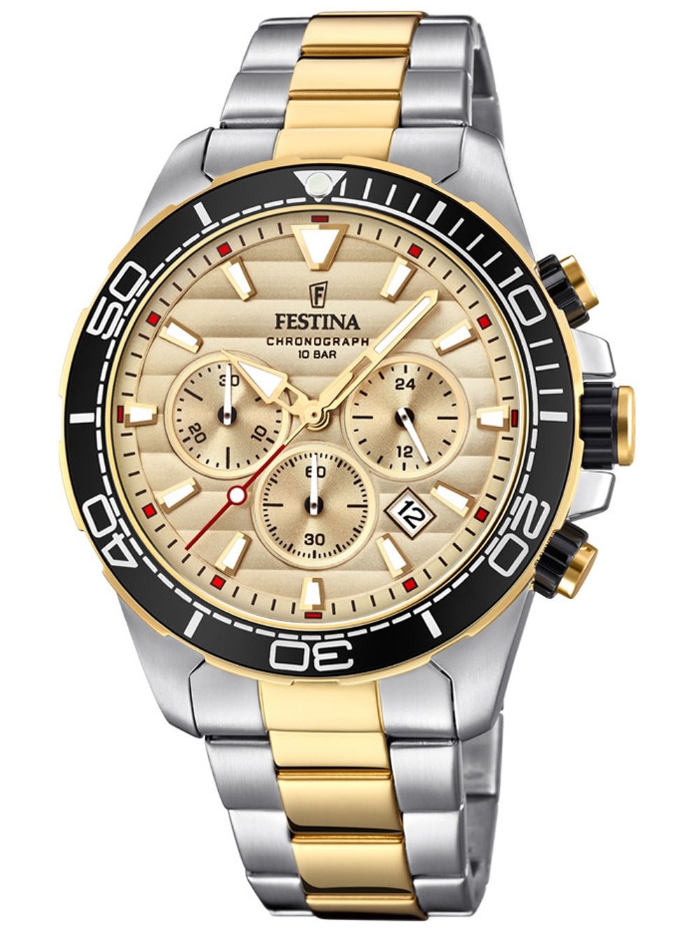 Męski zegarek Festina typu chronograf z dwukolorową bransoletą ze stali szlachetnej, beżową tarczą i czarnym pierścieniem lunety