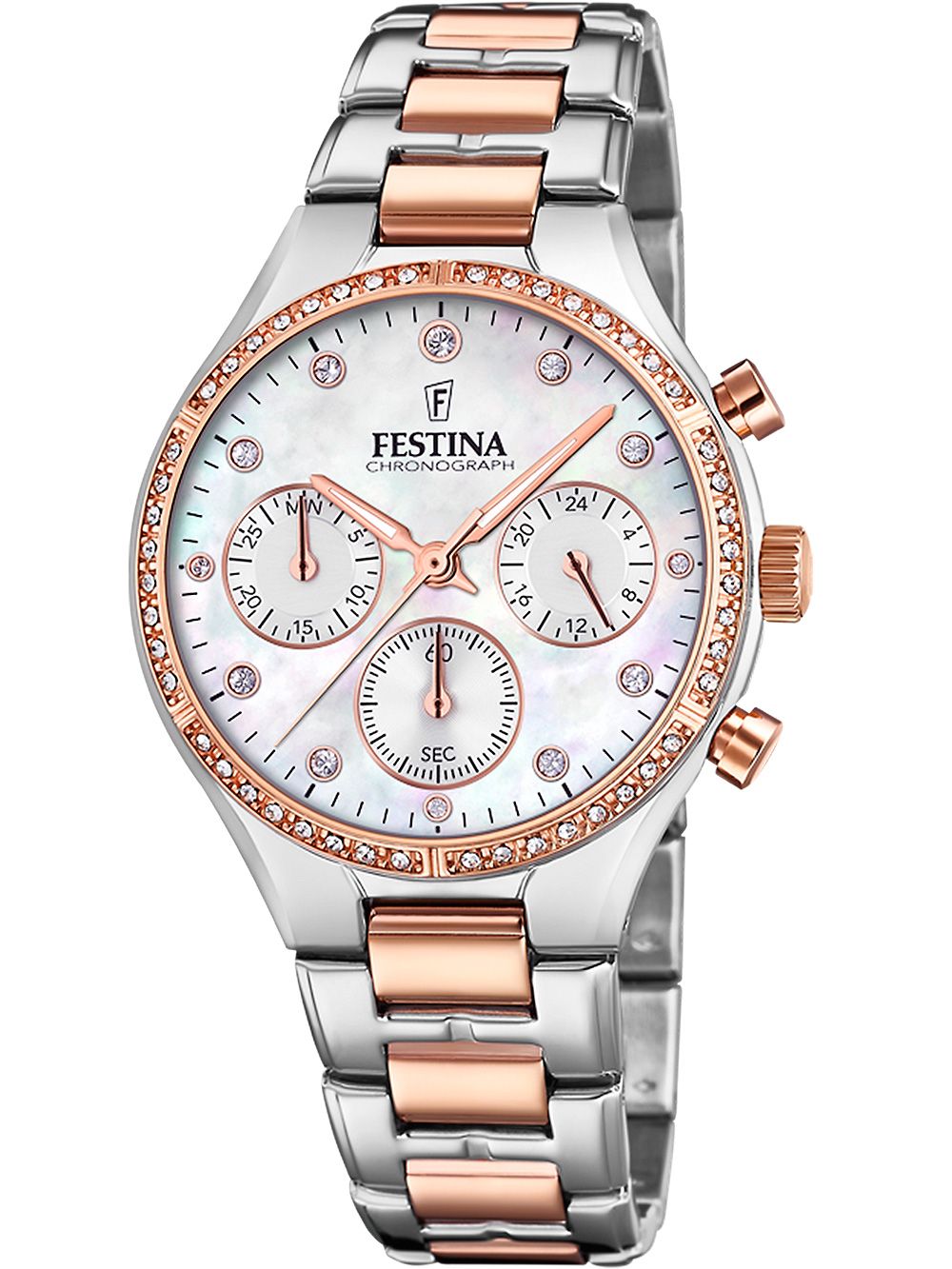 Damski zegarek Festina z chronografem, tarczą w kolorze masy perłowej i metalową bransoletą