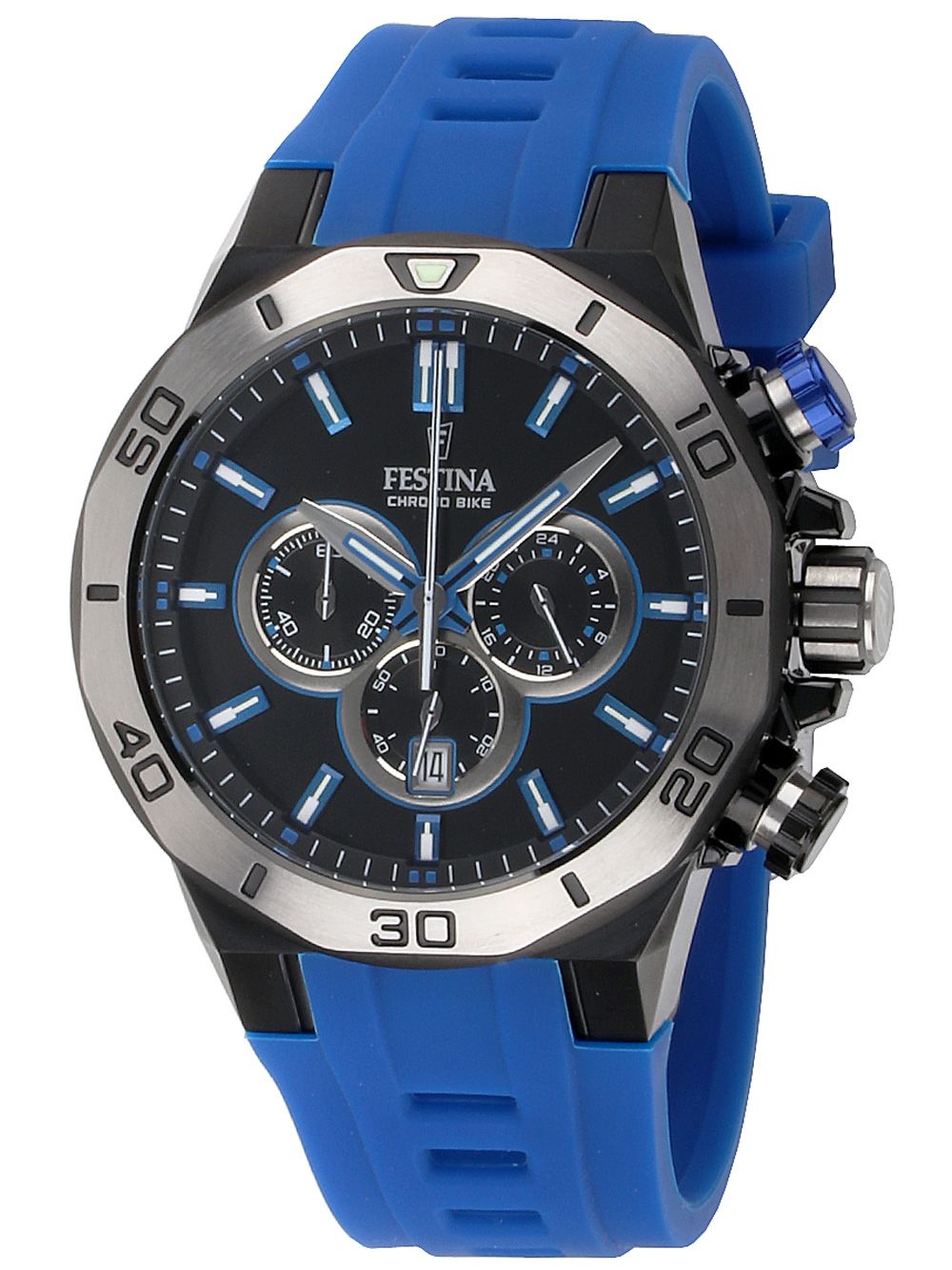 Zegarek męski Festina Chronograph: niebieski pasek silikonowy, niebieska tarcza, szkło mineralne