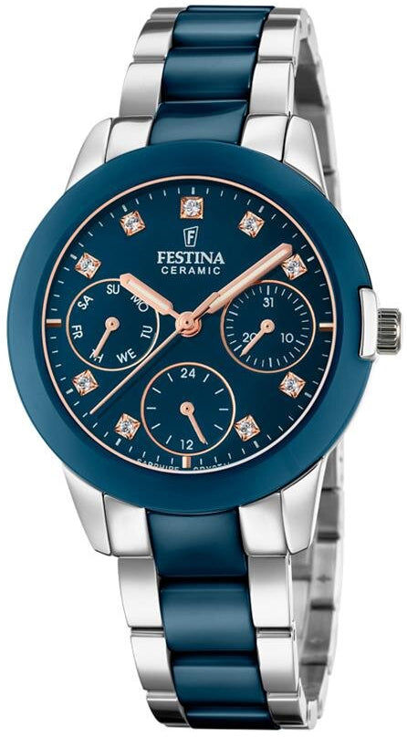 Festina Damenuhr mit blauem Zifferblatt, Keramik-Lünette und silbernem Keramikarmband
