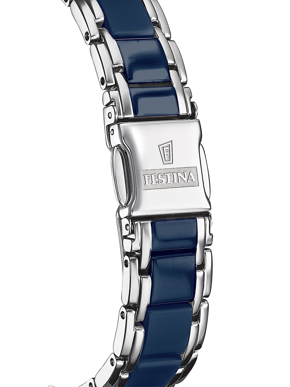 Zegarek damski Festina z niebieską ceramiczną bransoletą, zapięciem i kopertą z polerowanego metalu