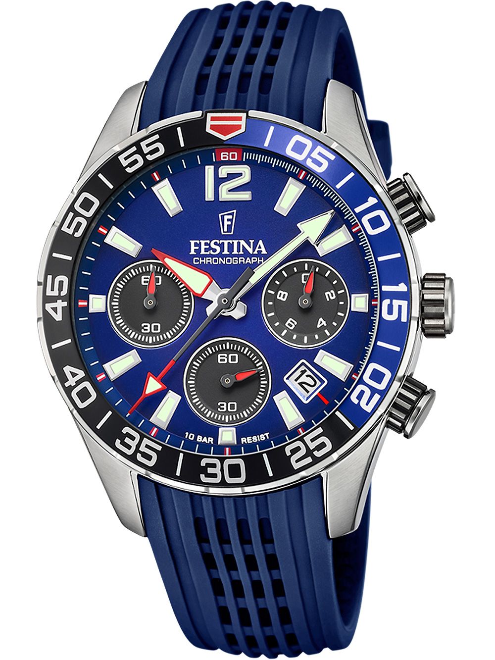 Męski zegarek Festina Chronograph z niebieską tarczą i bransoletą, koperta ze stali
