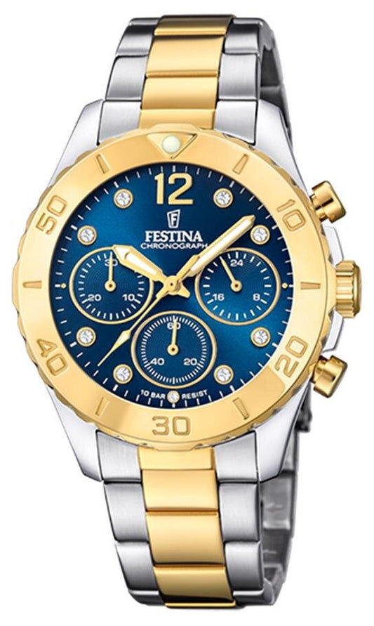 Zegarek damski Festina z niebieską tarczą, dwukolorową bransoletą ze stali szlachetnej i chronografem