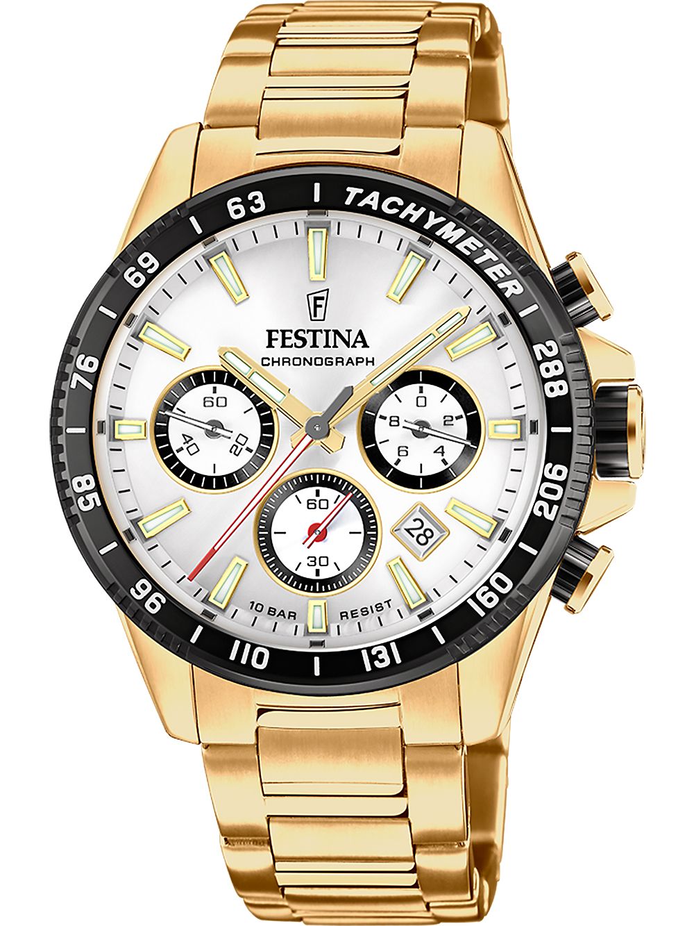 Zegarek męski FESTINA Chronograph ze złotą bransoletą, białą tarczą i czarnymi subtarczami