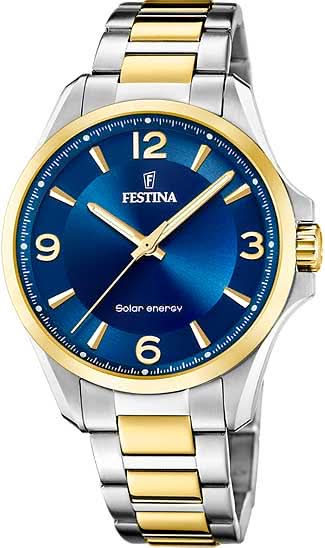 Męski zegarek Festina z mechanizmem solarnym, niebieską tarczą i dwukolorową bransoletą ze stali szlachetnej (stal/złoto)