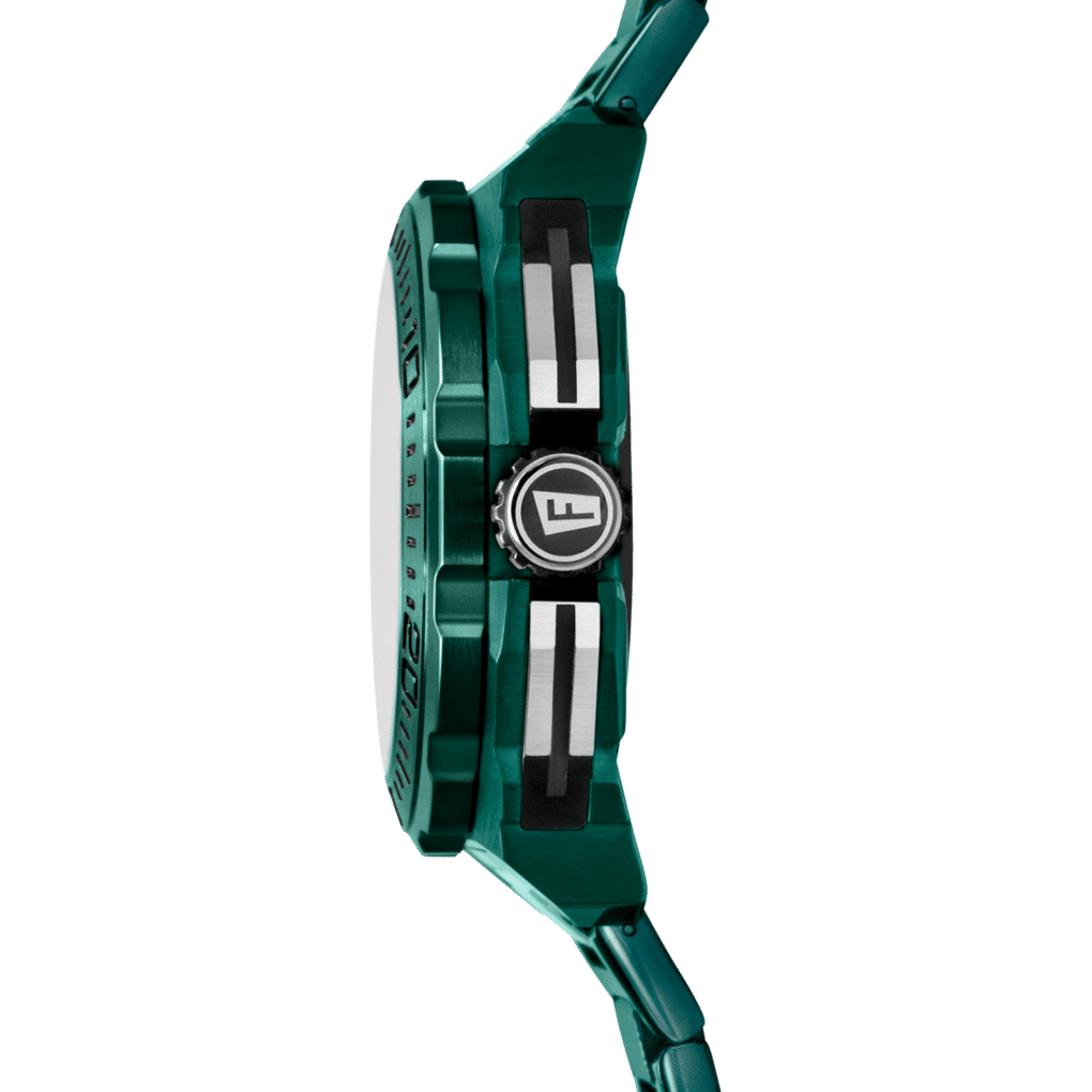 Zegarek męski Festina Chrono Bike w widoku z boku, z zielonym pierścieniem lunety i kopertą typu chrono