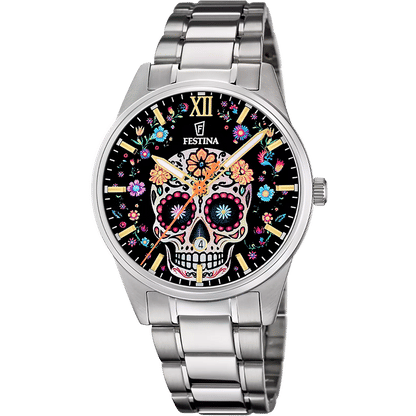 Festina Herrenarmbanduhr mit silbernem Edelstahlarmband und schwarzem Totenkopf-Zifferblatt
