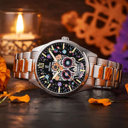 Festina Armbanduhr mit Edelstahlarmband und floralem Totenkopf-Zifferblatt