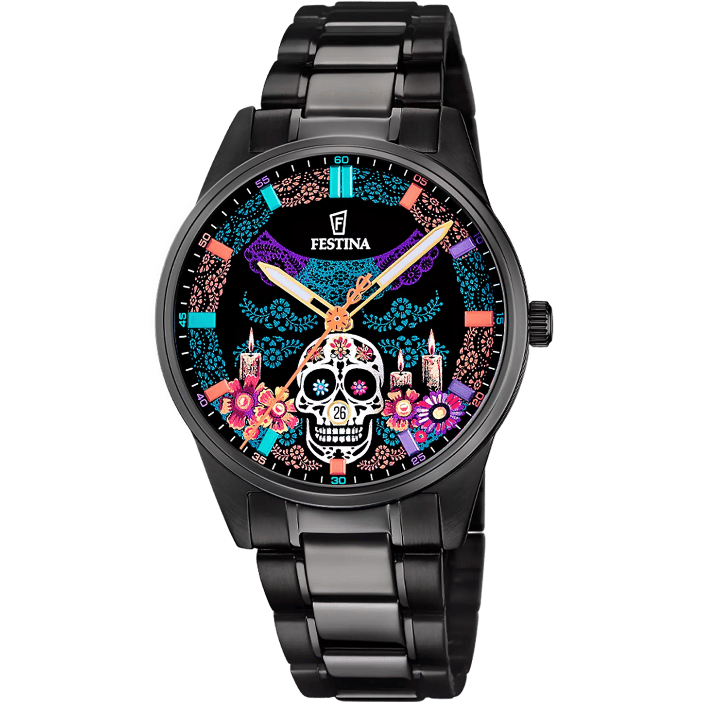 Festina Herren-Armbanduhr in Schwarz mit buntem Día-de-Muertos-Zifferblatt
