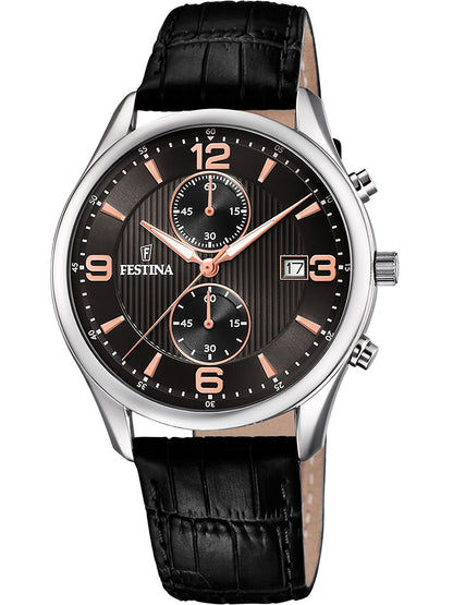 Męski zegarek typu chronograf z czarną tarczą, subtarczami chronografu i czarnym skórzanym paskiem
