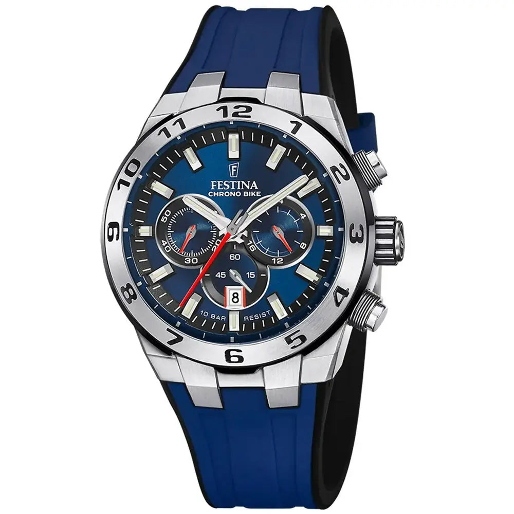Herren-Armbanduhr mit blauem Silikonarmband, rundem Chronographengehäuse und Chronometerzifferblatt