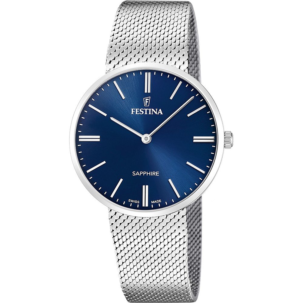 Zegarek męski Festina z niebieską tarczą, okrągłą kopertą i bransoletą typu mesh