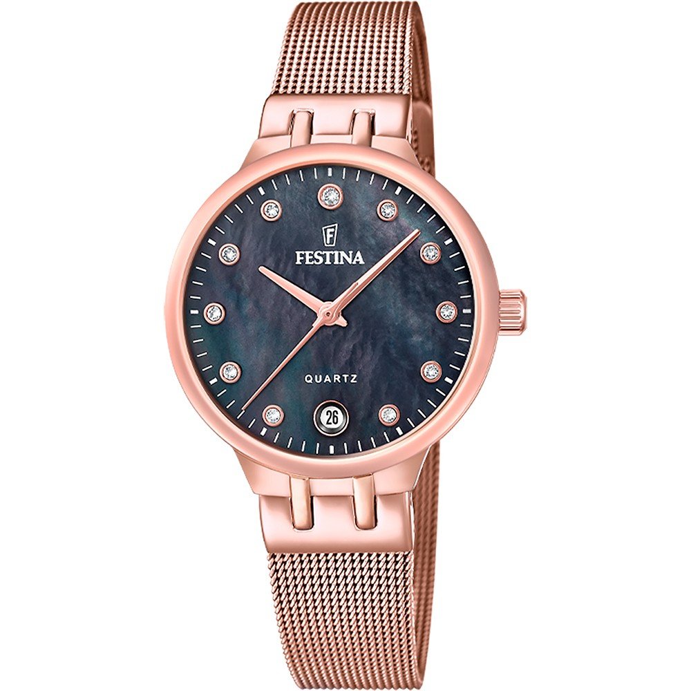 Zegarek damski Festina Mademoiselle w kolorze różowego złota z bransoletą typu mesh, czarną tarczą i datownikiem
