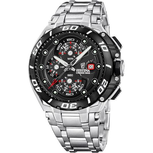 Zegarek męski Festina Chrono Bike z czarną tarczą i srebrną metalową bransoletą