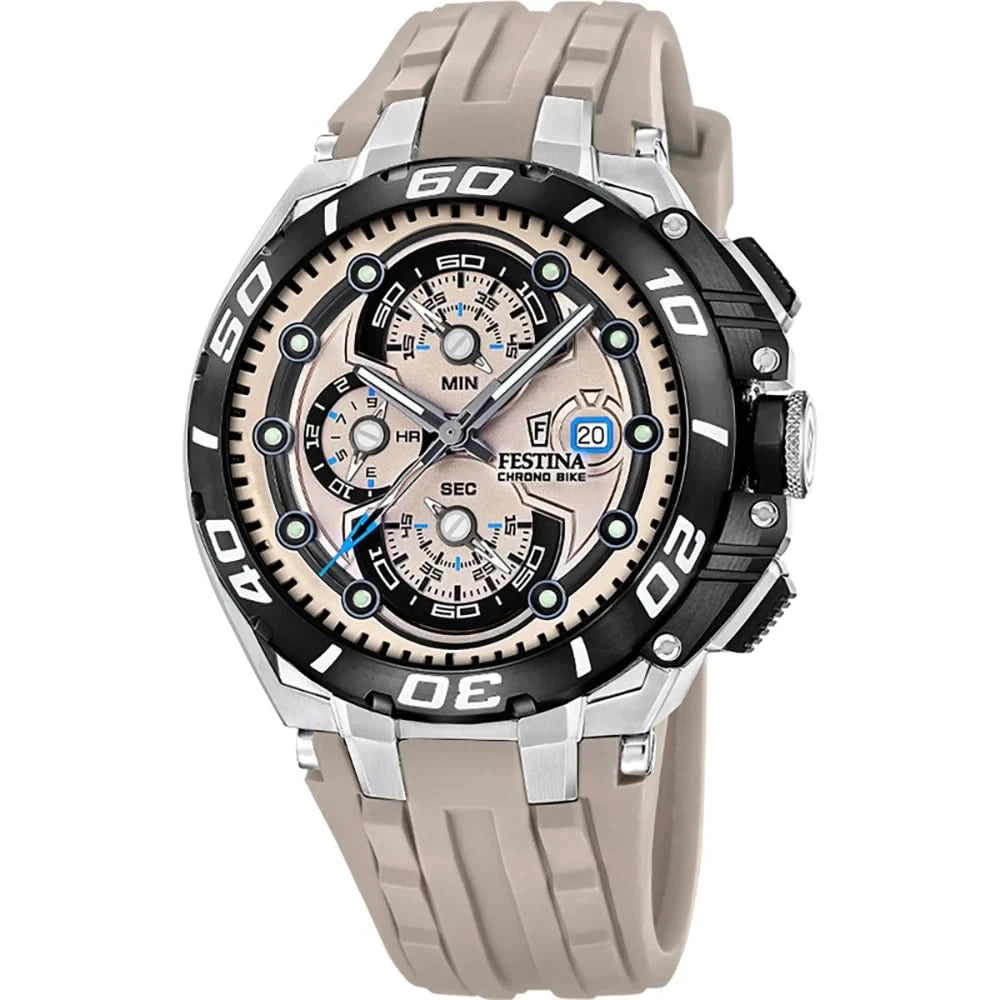 Męski zegarek chronograf Festina z czarną tarczą, pierścieniem typu diver/sport oraz beżowym silikonowym paskiem