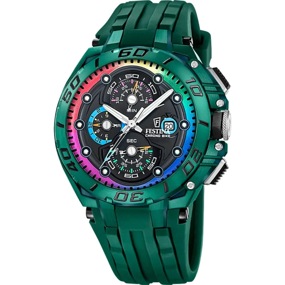 Zegarek męski Festina Chrono Bike, zielony pasek, czarna tarcza, widok z boku