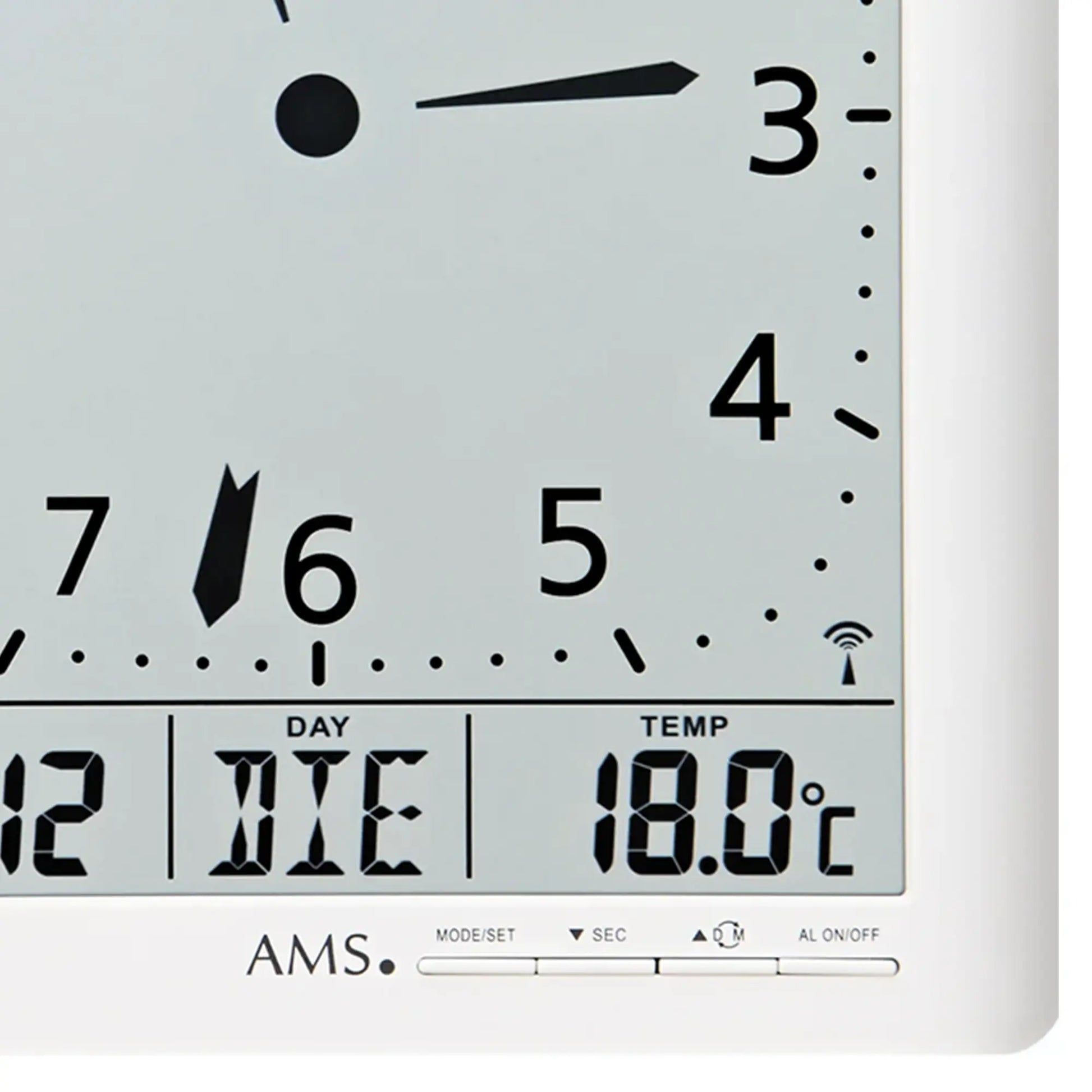 Weiße Funk-Wanduhr mit analogem Zifferblatt und digitaler Anzeige für Uhrzeit, Datum, Temp.