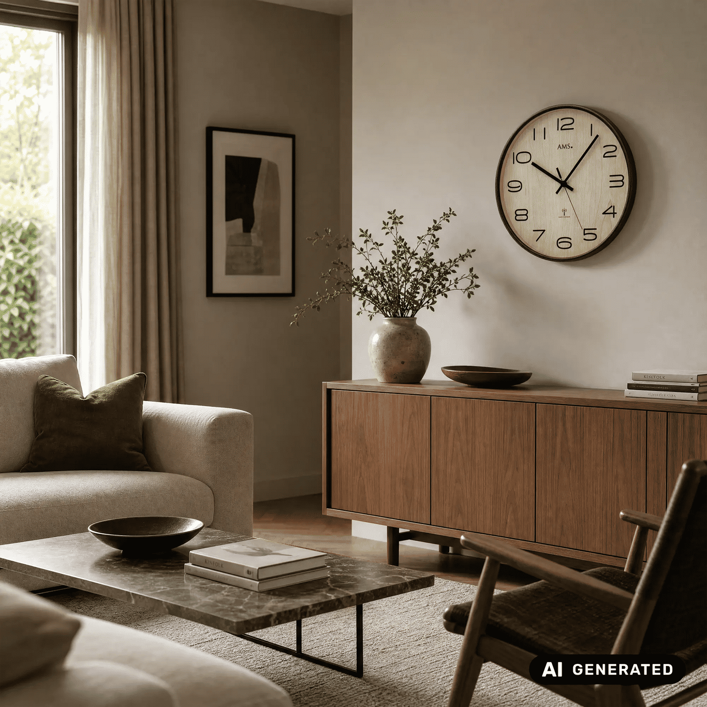 Runde Wanduhr mit anthrazitfarbenem Rahmen, beigem Zifferblatt und arabischen Zahlen.
