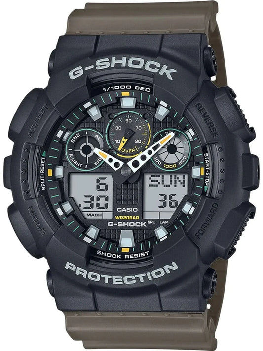 Zegarek męski Casio G-Shock z ciemną tarczą i szarym paskiem z tworzywa sztucznego
