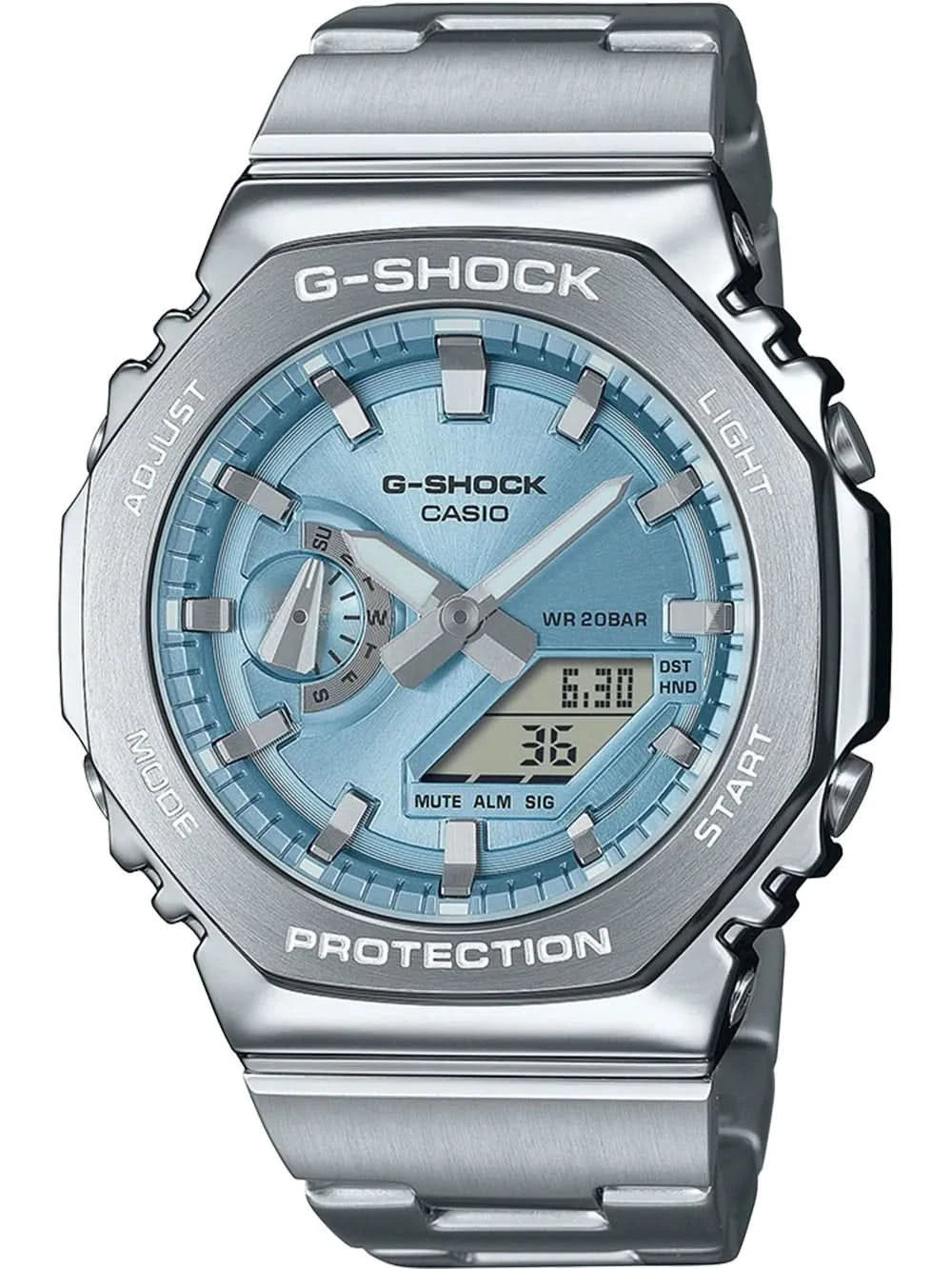 Zegarek męski Casio G-Shock: niebieska tarcza, stalowa bransoleta, ośmiokątna koperta