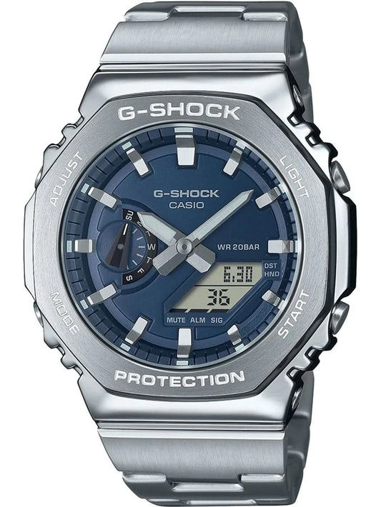 Zegarek męski Casio G-Shock z bransoletą ze stali szlachetnej, ciemnoniebieską tarczą i kopertą ochronną